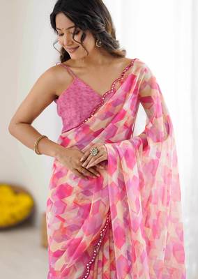 pink georgette fancy printed style ceremonial saree 3