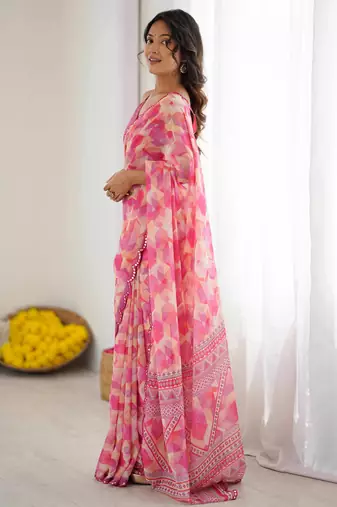 pink georgette fancy printed style ceremonial saree