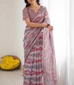 grey color georgette fabric designer fancy printed bollywood style ceremonial saree