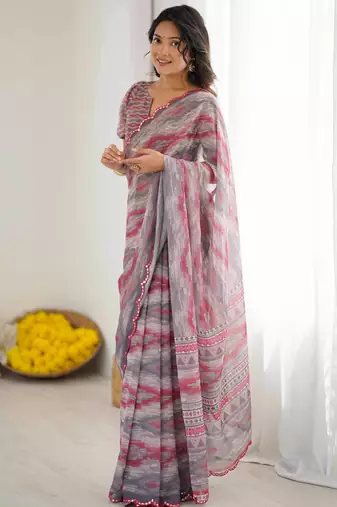 grey georgette fancy printed style ceremonial saree