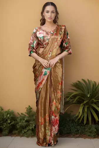 mustard color silk blend blend crepe fabric beautiful ready to wear partywear saree