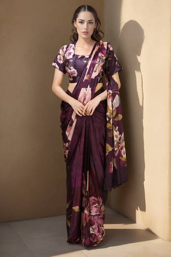 wine color silk blend blend crepe fabric beautiful ready to wear partywear saree