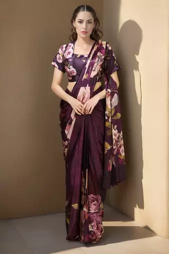 wine color silk blend blend crepe fabric beautiful ready to wear partywear saree