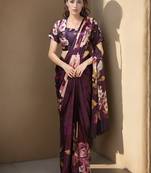 wine color silk blend blend crepe fabric beautiful ready to wear partywear saree