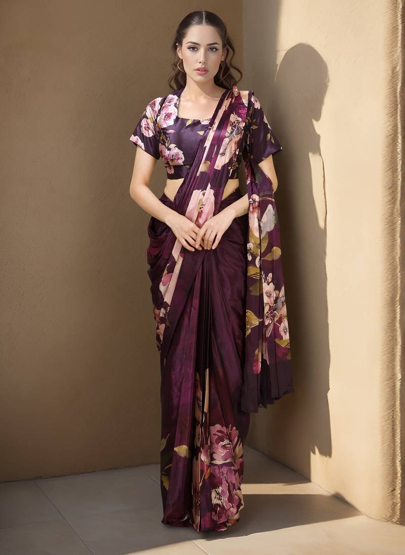 wine color silk blend blend crepe fabric beautiful ready to wear partywear saree