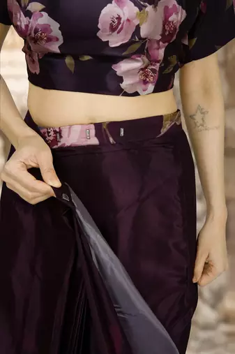 wine silk blend blend crepe ready to wear partywear saree