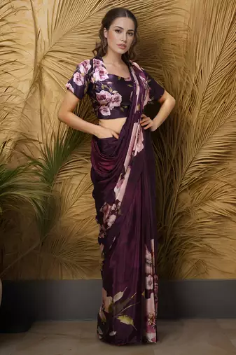 wine silk blend blend crepe ready to wear partywear saree