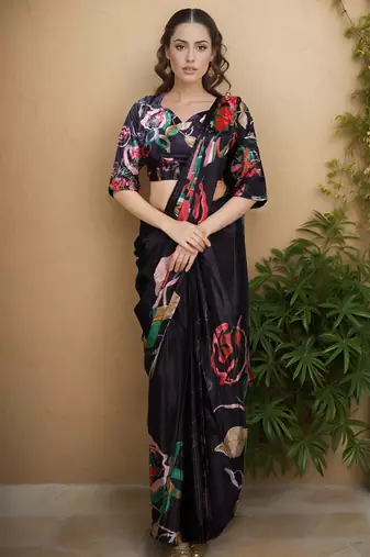 black color silk blend blend crepe fabric beautiful ready to wear partywear saree