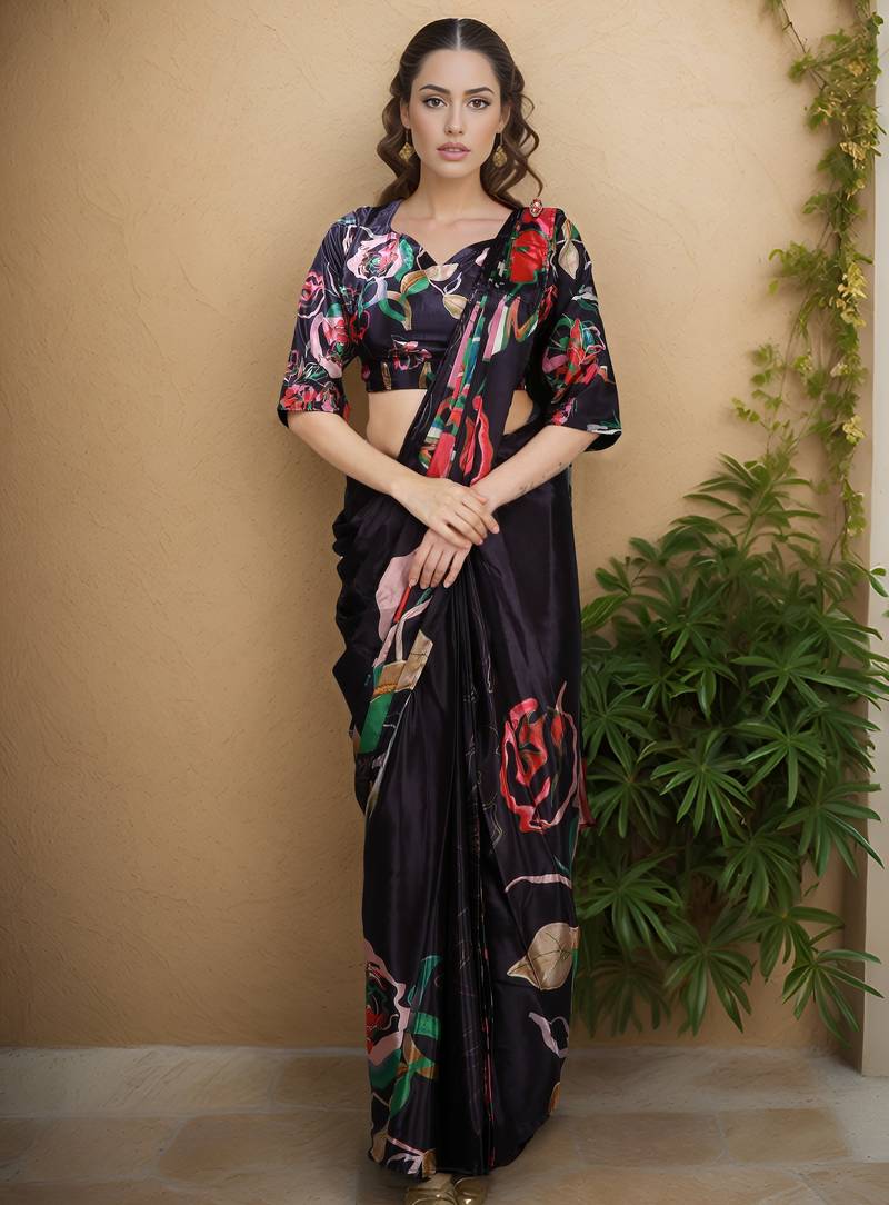 black color silk blend blend crepe fabric beautiful ready to wear partywear saree