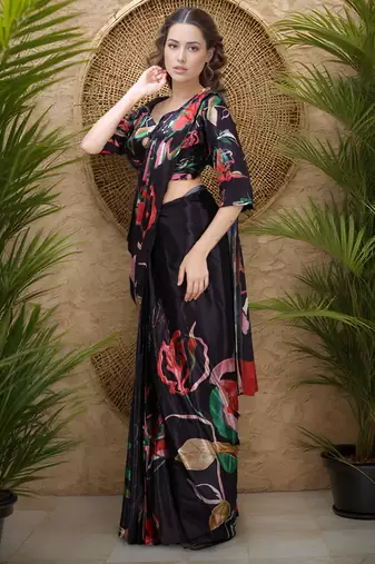 black silk blend blend crepe ready to wear partywear saree