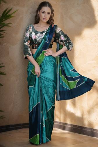 teal color silk blend blend crepe fabric beautiful ready to wear partywear saree