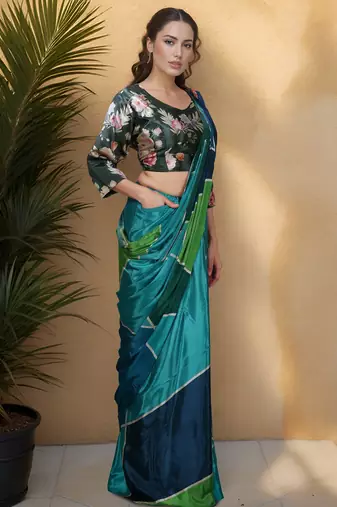 teal silk blend blend crepe ready to wear partywear saree