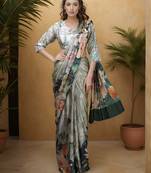 steel grey color silk blend blend crepe fabric beautiful ready to wear partywear saree