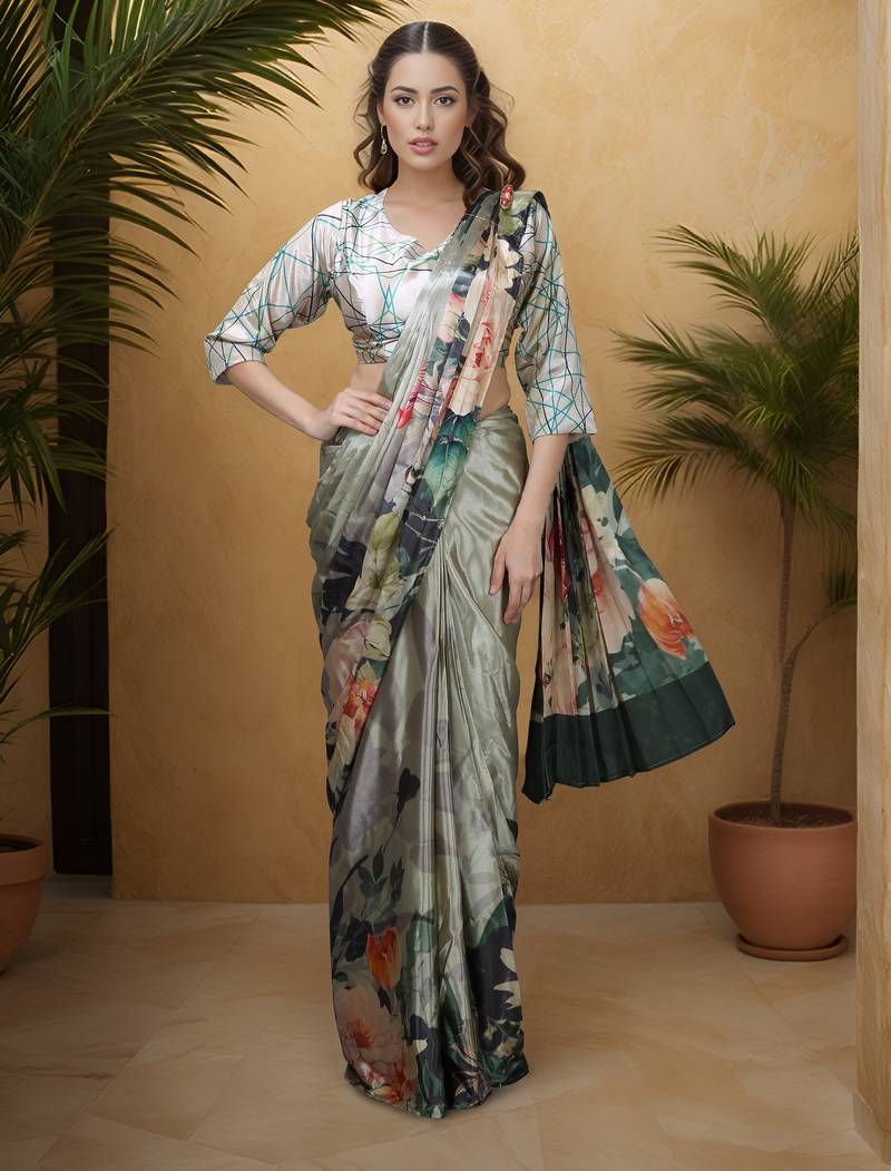 steel grey color silk blend blend crepe fabric beautiful ready to wear partywear saree