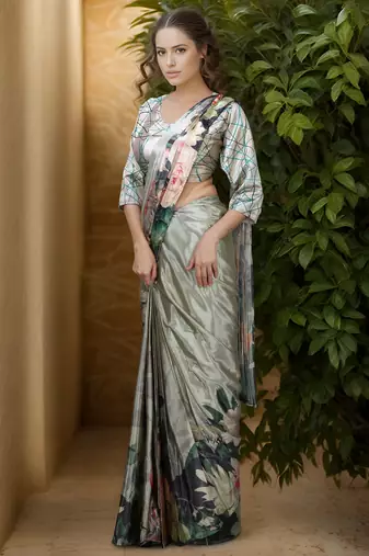steel grey silk blend blend crepe ready to wear partywear saree
