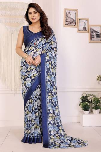blue color moss satin patta designer flower printed ceremonial saree