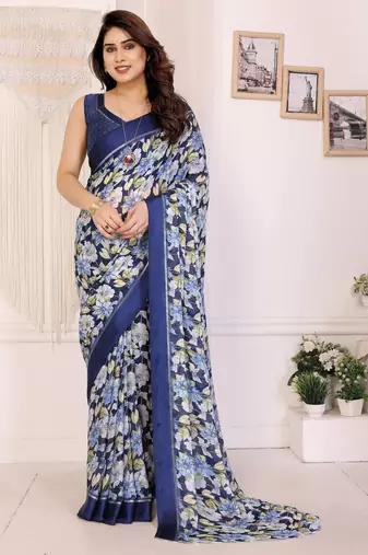 blue color moss satin patta designer flower printed ceremonial saree