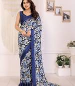 blue color moss satin patta designer flower printed ceremonial saree