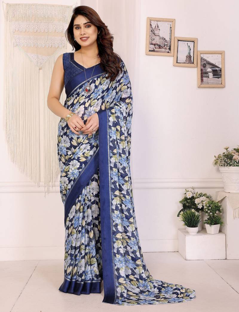 blue color moss satin patta designer flower printed ceremonial saree