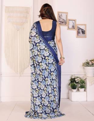 blue moss satin patta flower printed ceremonial saree 2
