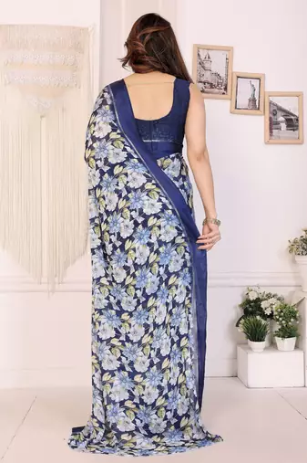 blue moss satin patta flower printed ceremonial saree