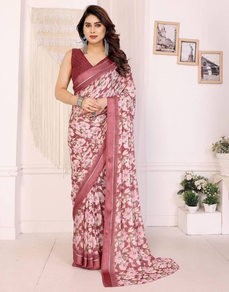 maroon color moss satin patta designer flower printed ceremonial saree
