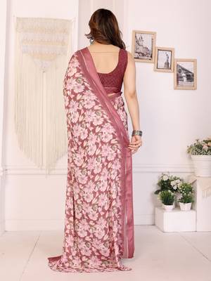 maroon moss satin patta flower printed ceremonial saree 2