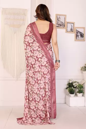 maroon moss satin patta flower printed ceremonial saree