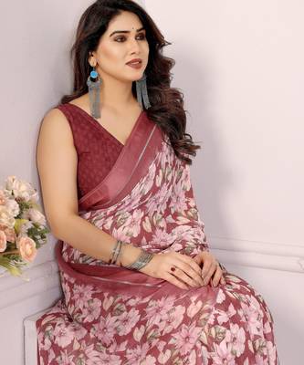 maroon moss satin patta flower printed ceremonial saree 3