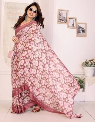 maroon moss satin patta flower printed ceremonial saree 4