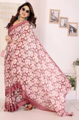 maroon moss satin patta flower printed ceremonial saree