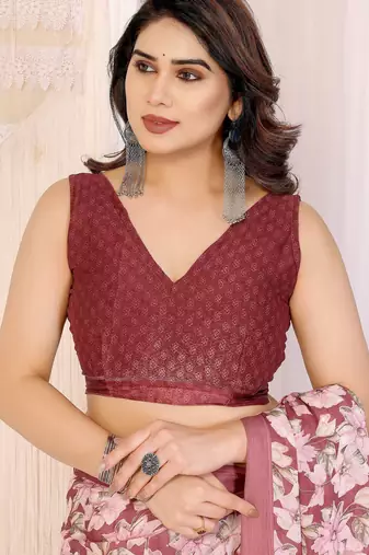 maroon moss satin patta flower printed ceremonial saree