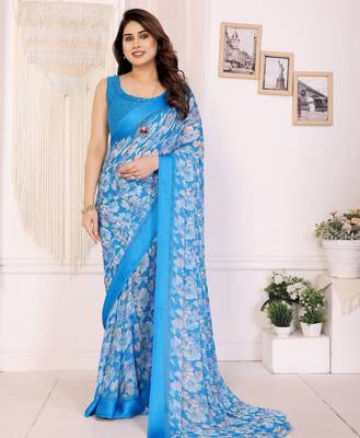 sky blue moss satin patta flower printed ceremonial saree 1