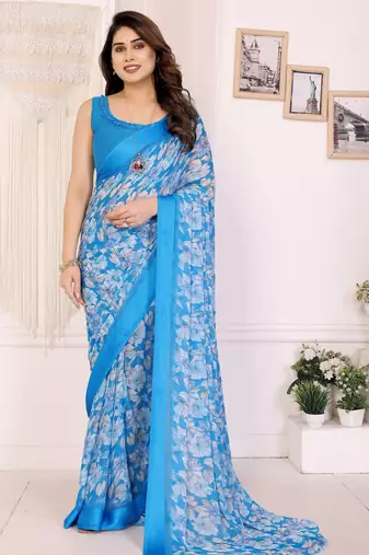 sky blue color moss satin patta designer flower printed ceremonial saree