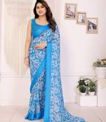sky blue color moss satin patta designer flower printed ceremonial saree