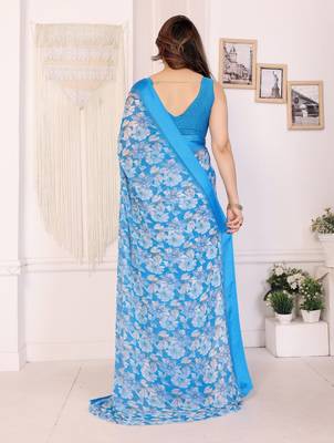 sky blue moss satin patta flower printed ceremonial saree 2