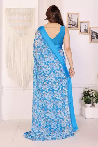 sky blue moss satin patta flower printed ceremonial saree