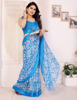 sky blue moss satin patta flower printed ceremonial saree 4