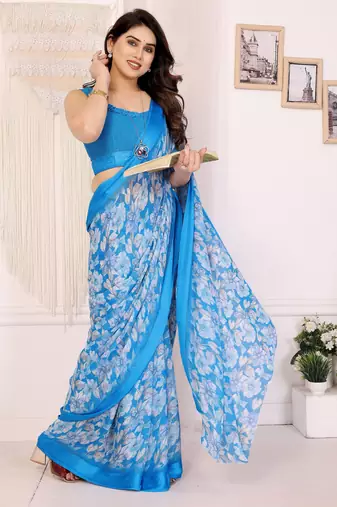sky blue moss satin patta flower printed ceremonial saree