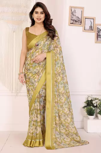 yellow color moss satin patta designer flower printed ceremonial saree
