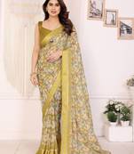 yellow color moss satin patta designer flower printed ceremonial saree