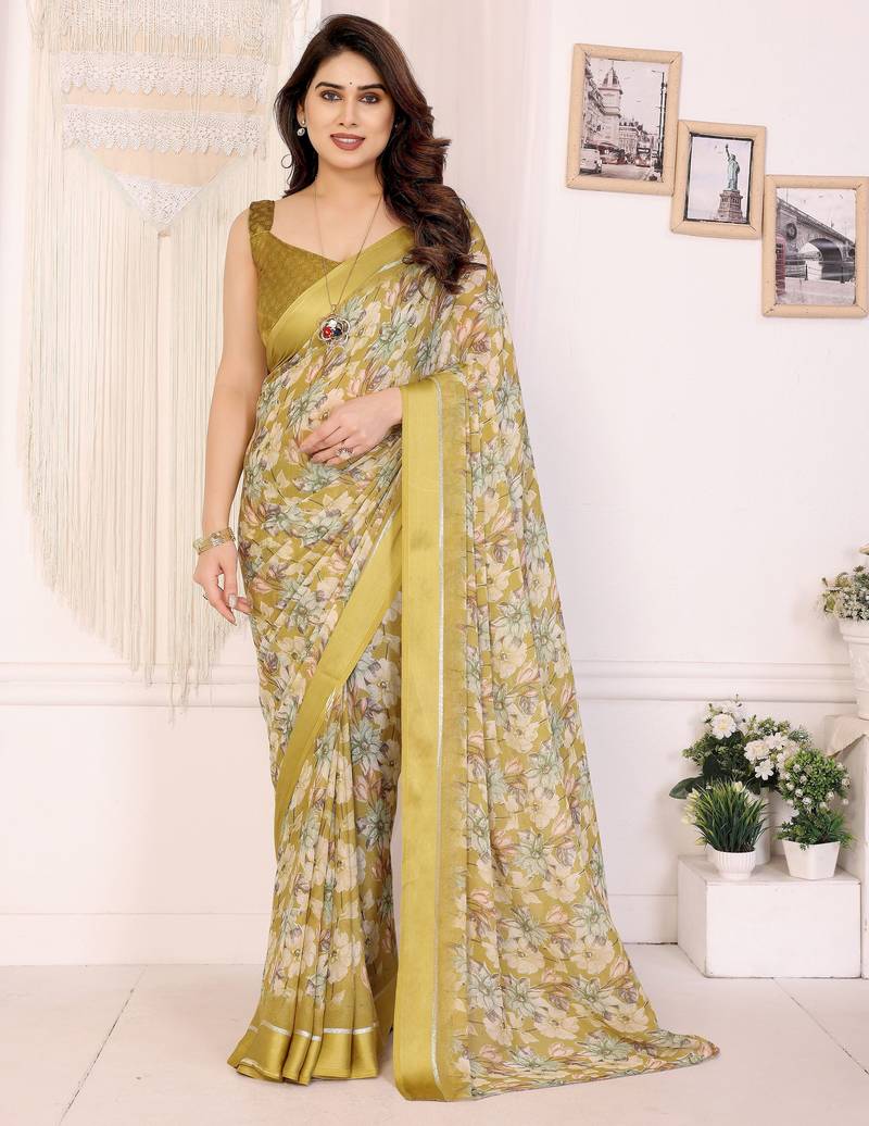 yellow color moss satin patta designer flower printed ceremonial saree