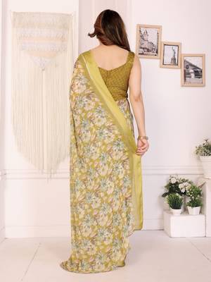 yellow moss satin patta flower printed ceremonial saree 2