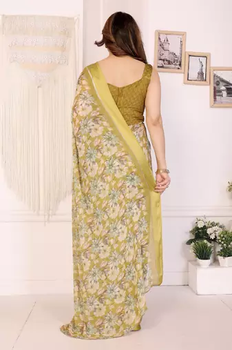 yellow moss satin patta flower printed ceremonial saree