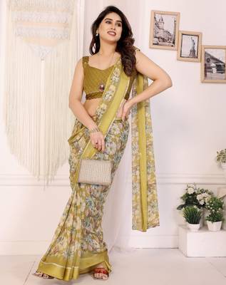 yellow moss satin patta flower printed ceremonial saree 4