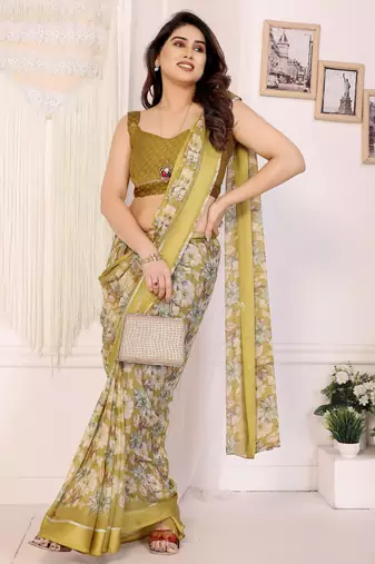 yellow moss satin patta flower printed ceremonial saree