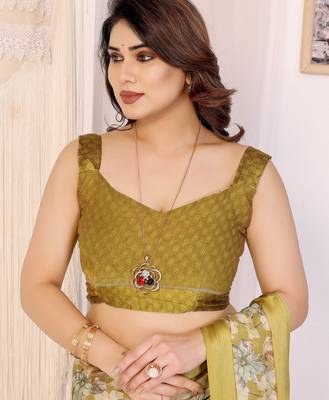 yellow moss satin patta flower printed ceremonial saree 5