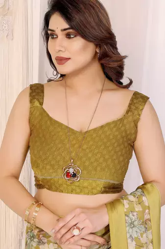 yellow moss satin patta flower printed ceremonial saree