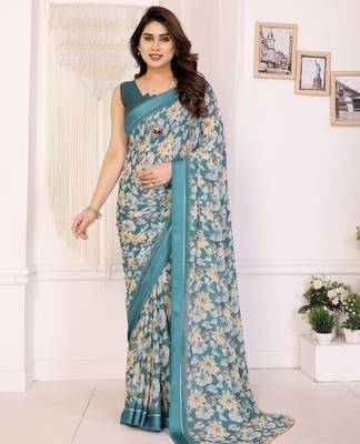 rama moss satin patta flower printed ceremonial saree 1
