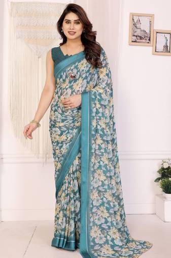 rama color moss satin patta designer flower printed ceremonial saree